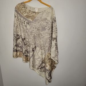 Chico’s Artsy Beige & Gold Cotton Poncho Sweater Top Size M/L